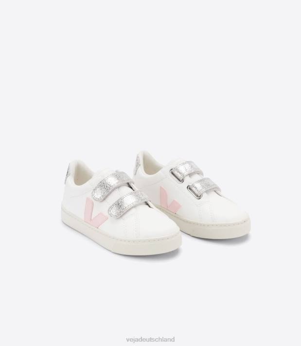 Schuhe VHJD323 Kinder Veja Esplar chromfreies Leder, weißes Blütenblattsilber