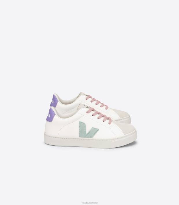 Schuhe VHJD330 Kinder Veja Esplar-Schnürsenkel, chromfreies Leder, weiß, Matcha-Lavande