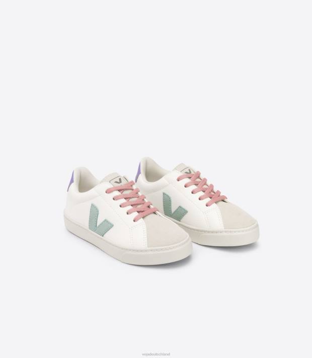 Schuhe VHJD330 Kinder Veja Esplar-Schnürsenkel, chromfreies Leder, weiß, Matcha-Lavande