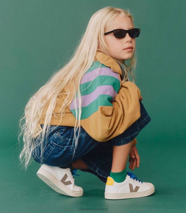 Schuhe VHJD331 Kinder Veja Esplar-Schnürsenkel, chromfreies Leder, weißes Moonrock-Tonic