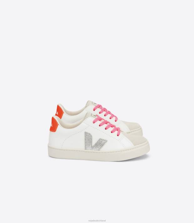 Schuhe VHJD335 Kinder Veja Esplar-Schnürsenkel, chromfreies Leder, Weiß, Silber, Orange, Fluo