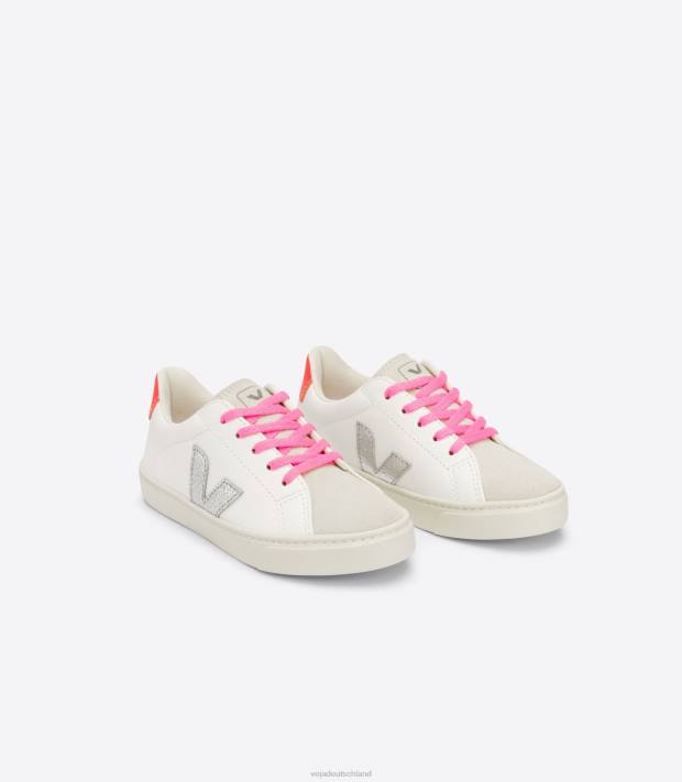 Schuhe VHJD335 Kinder Veja Esplar-Schnürsenkel, chromfreies Leder, Weiß, Silber, Orange, Fluo
