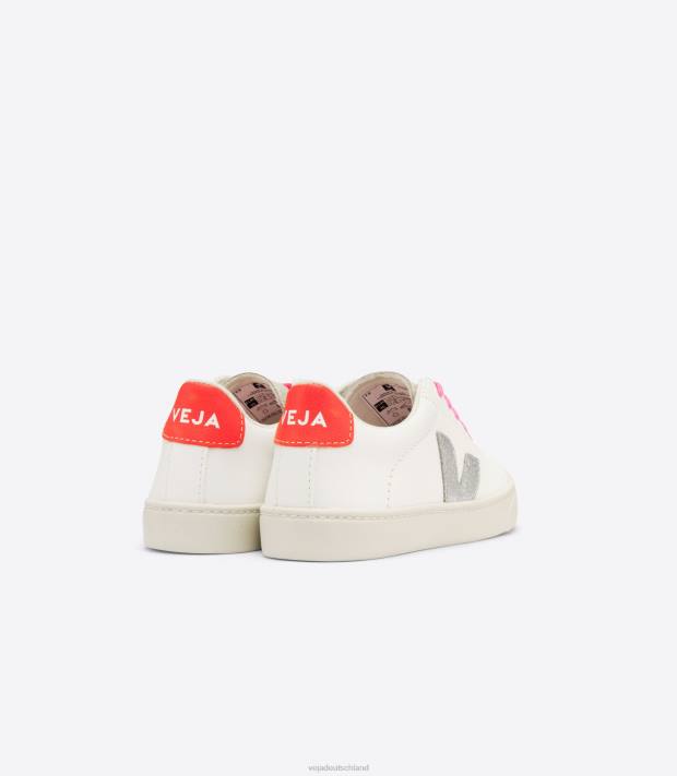 Schuhe VHJD335 Kinder Veja Esplar-Schnürsenkel, chromfreies Leder, Weiß, Silber, Orange, Fluo