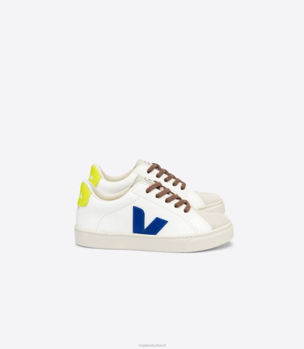 Schuhe VHJD341 Kinder Veja Esplar-Schnürsenkel, chromfreies Leder, weiß, indigo, jaune fluo