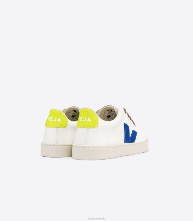 Schuhe VHJD341 Kinder Veja Esplar-Schnürsenkel, chromfreies Leder, weiß, indigo, jaune fluo
