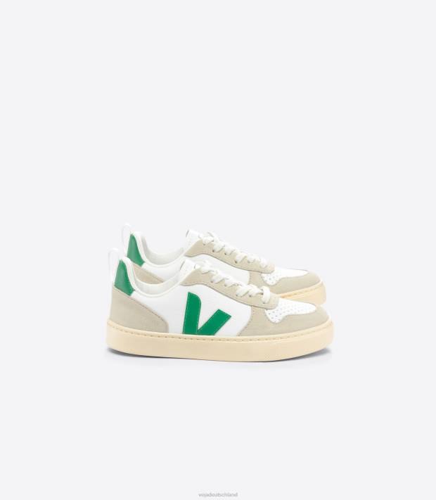 Schuhe VHJD357 Kinder Veja V-10 chromfreies Leder, weiß, smaragdgrün, mandelfarben
