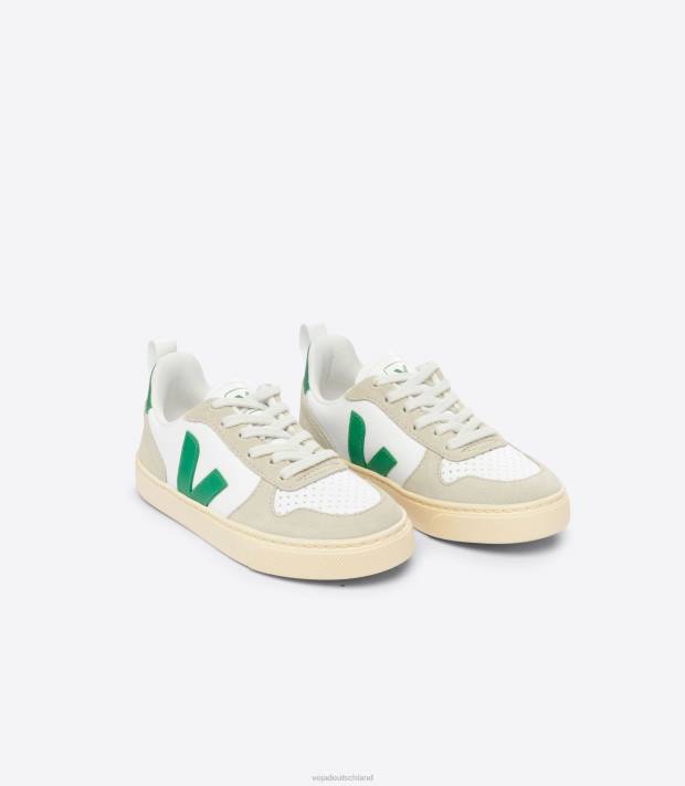 Schuhe VHJD357 Kinder Veja V-10 chromfreies Leder, weiß, smaragdgrün, mandelfarben