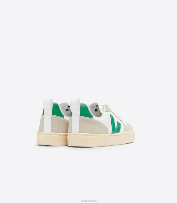 Schuhe VHJD357 Kinder Veja V-10 chromfreies Leder, weiß, smaragdgrün, mandelfarben