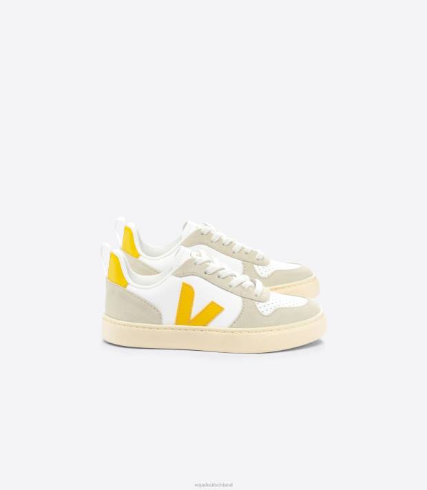 Schuhe VHJD358 Kinder Veja V-10 chromfreies Leder, weiß, Ouro-Mandel