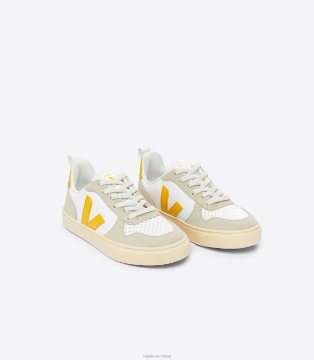 Schuhe VHJD358 Kinder Veja V-10 chromfreies Leder, weiß, Ouro-Mandel