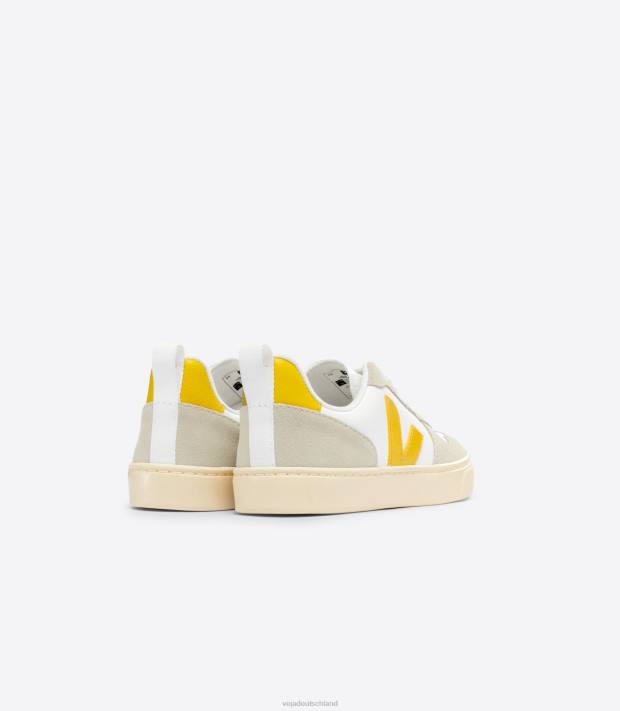 Schuhe VHJD358 Kinder Veja V-10 chromfreies Leder, weiß, Ouro-Mandel