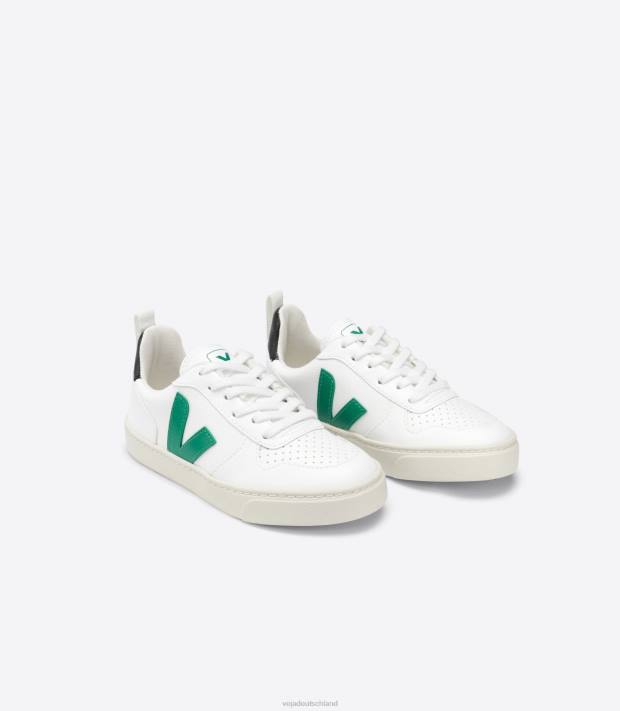 Schuhe VHJD368 Kinder Veja V-10 Schnürsenkel CWL Weiß Smaragd Schwarz