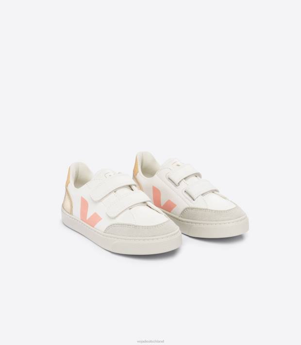 Schuhe VHJD301 Kinder Veja V-12 chromfreies Leder weiß Multico Platin