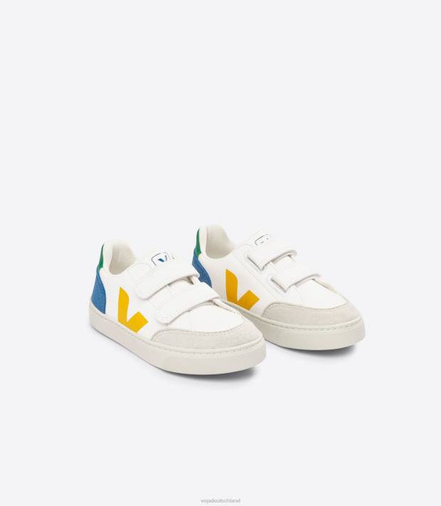 Schuhe VHJD302 Kinder Veja V-12 Chromfreies Leder Weiß Multico Indigo