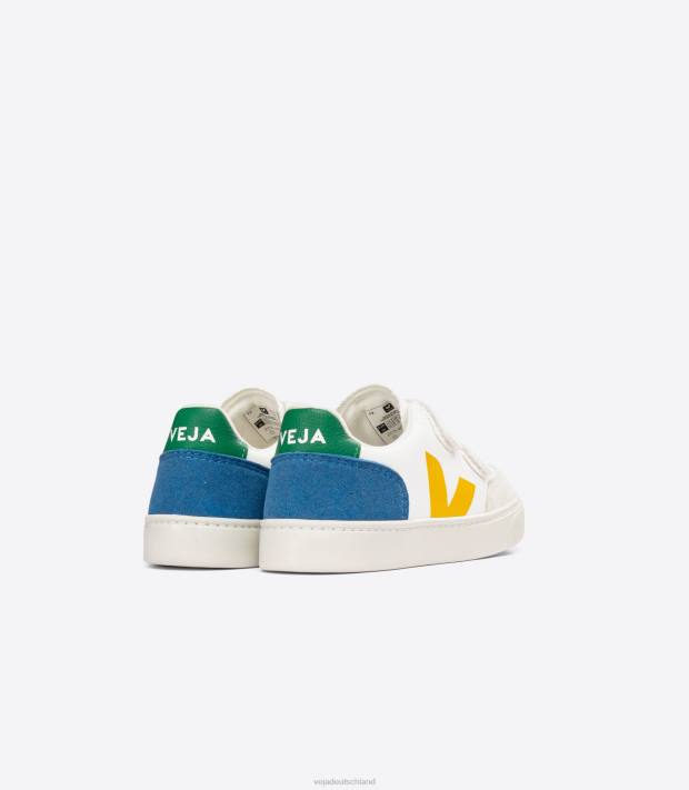 Schuhe VHJD302 Kinder Veja V-12 Chromfreies Leder Weiß Multico Indigo