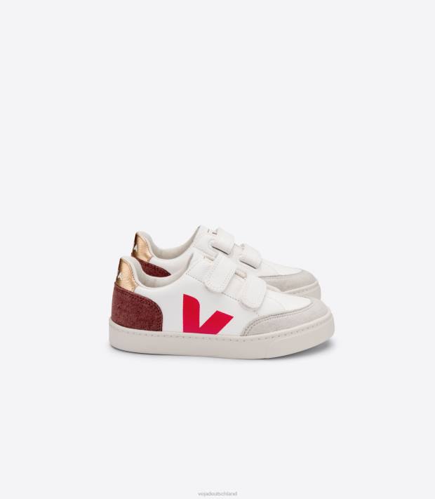 Schuhe VHJD305 Kinder Veja V-12 chromfreies Leder, weißes Multico-getrocknetes Blütenblatt