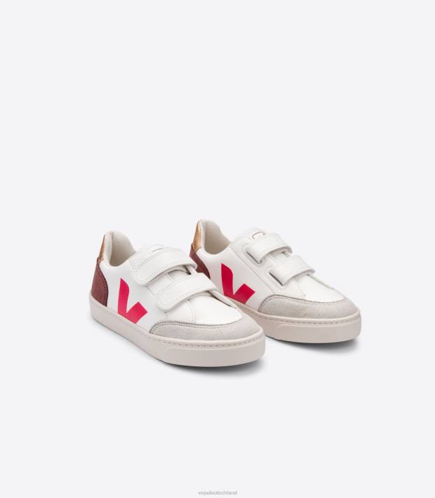 Schuhe VHJD305 Kinder Veja V-12 chromfreies Leder, weißes Multico-getrocknetes Blütenblatt