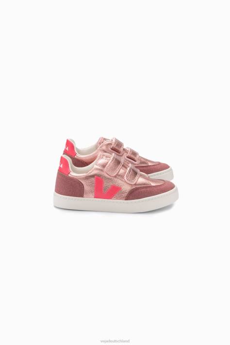 Schuhe VHJD306 Kinder Veja V-12 Chromfreies Leder Perlmuttrosa Fluo