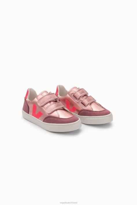 Schuhe VHJD306 Kinder Veja V-12 Chromfreies Leder Perlmuttrosa Fluo