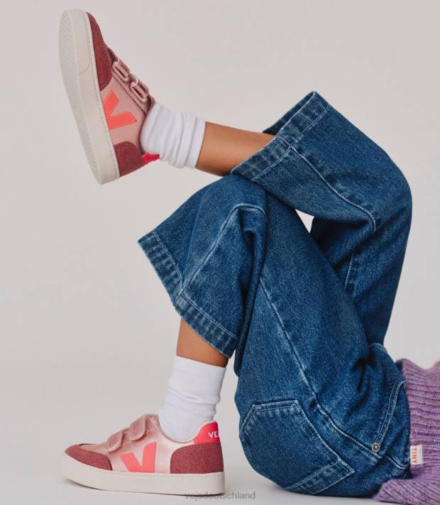 Schuhe VHJD306 Kinder Veja V-12 Chromfreies Leder Perlmuttrosa Fluo