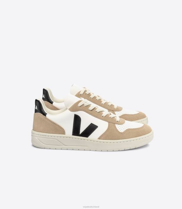 Schuhe VHJD38 Männer Veja V-10 chromfreies Leder, weiß, schwarz, Sahara