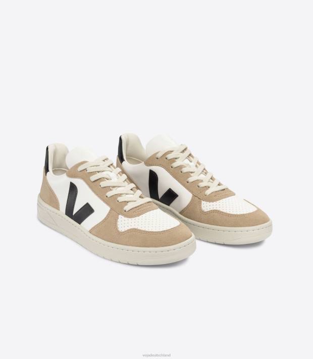 Schuhe VHJD38 Männer Veja V-10 chromfreies Leder, weiß, schwarz, Sahara