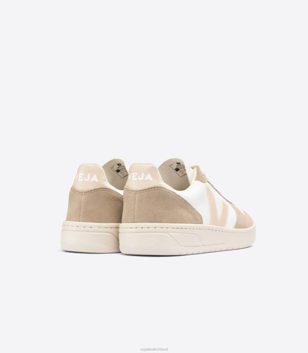 Schuhe VHJD39 Männer Veja V-10 chromfreies Leder, weißes Zobel-Sahara