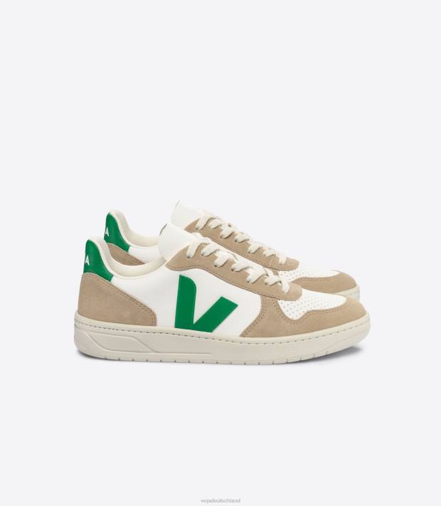 Schuhe VHJD40 Männer Veja V-10 Chromfreies Leder, Weiß, Smaragd, Sahara