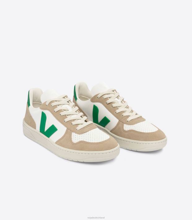 Schuhe VHJD40 Männer Veja V-10 Chromfreies Leder, Weiß, Smaragd, Sahara