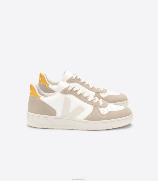 Schuhe VHJD69 Männer Veja V-10 chromfreies Leder, weiß, Sahara, Ouro