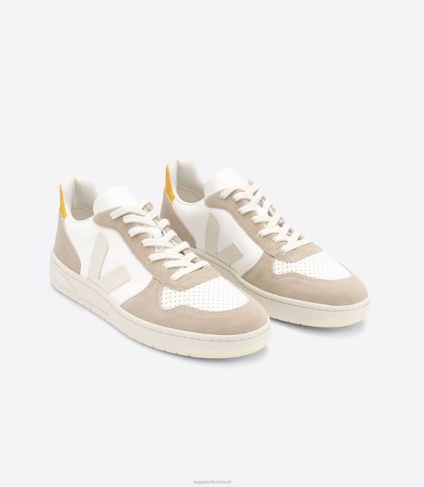 Schuhe VHJD69 Männer Veja V-10 chromfreies Leder, weiß, Sahara, Ouro