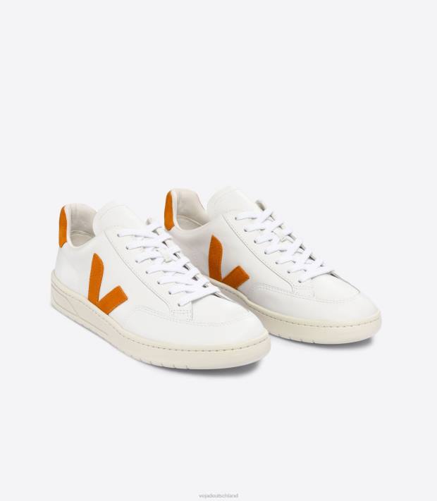 Schuhe VHJD36 Männer Veja V-12-Leder, weißer Kürbis